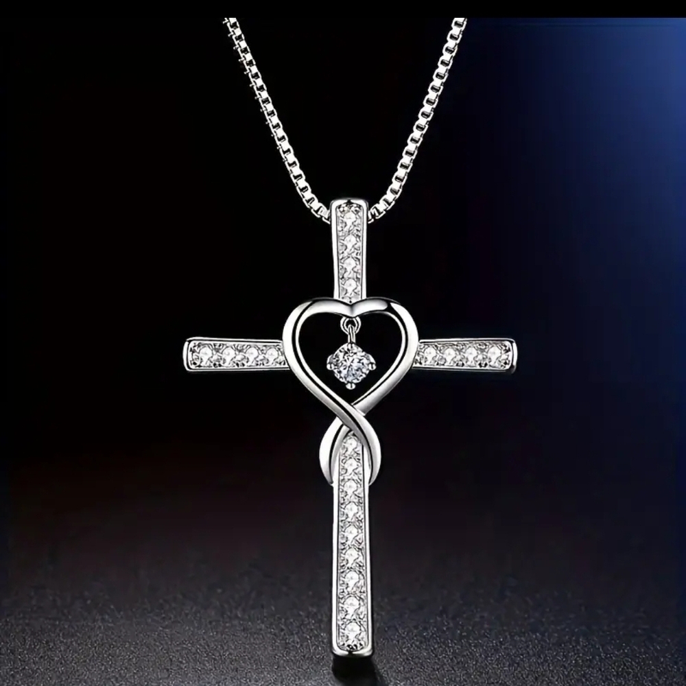 Silver Cross Necklace with Heart and Crystal Accents